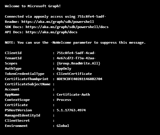 Microsoft Graph PowerShell connected with certificate auth